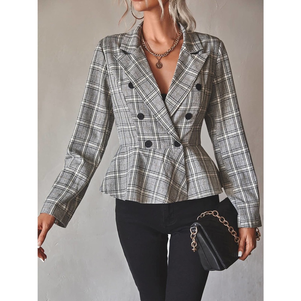 Plaid Double Breasted Peplum Blazer gray - Picture 1 of 5